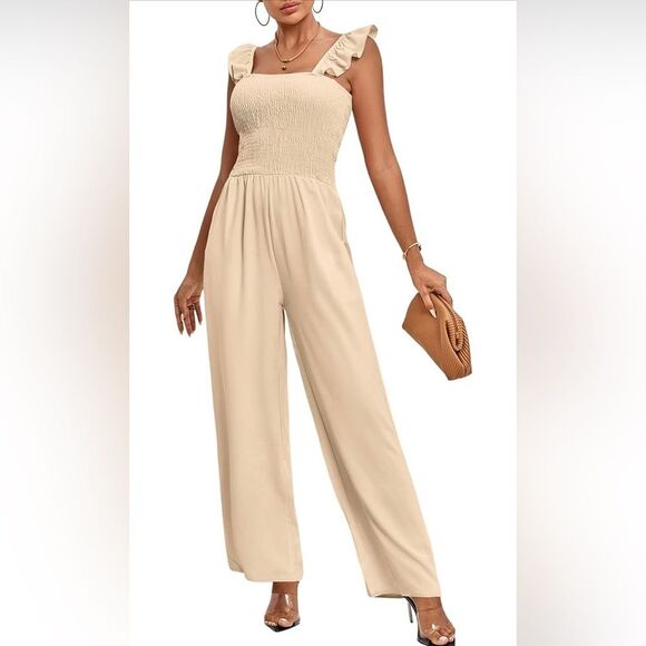 Sleeveless Square Neck Ruffle Sleeve Jumpsuit Wide Leg Pockets (348) - Picture 1 of 7